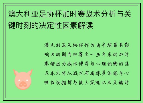 澳大利亚足协杯加时赛战术分析与关键时刻的决定性因素解读