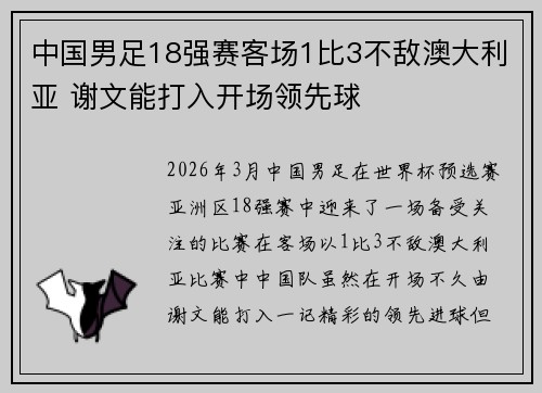中国男足18强赛客场1比3不敌澳大利亚 谢文能打入开场领先球